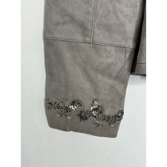 Pamela McCoy 100% Suede Leather Gray Beaded Sequin Zip Jacket Size Large - Picture 9 of 13
